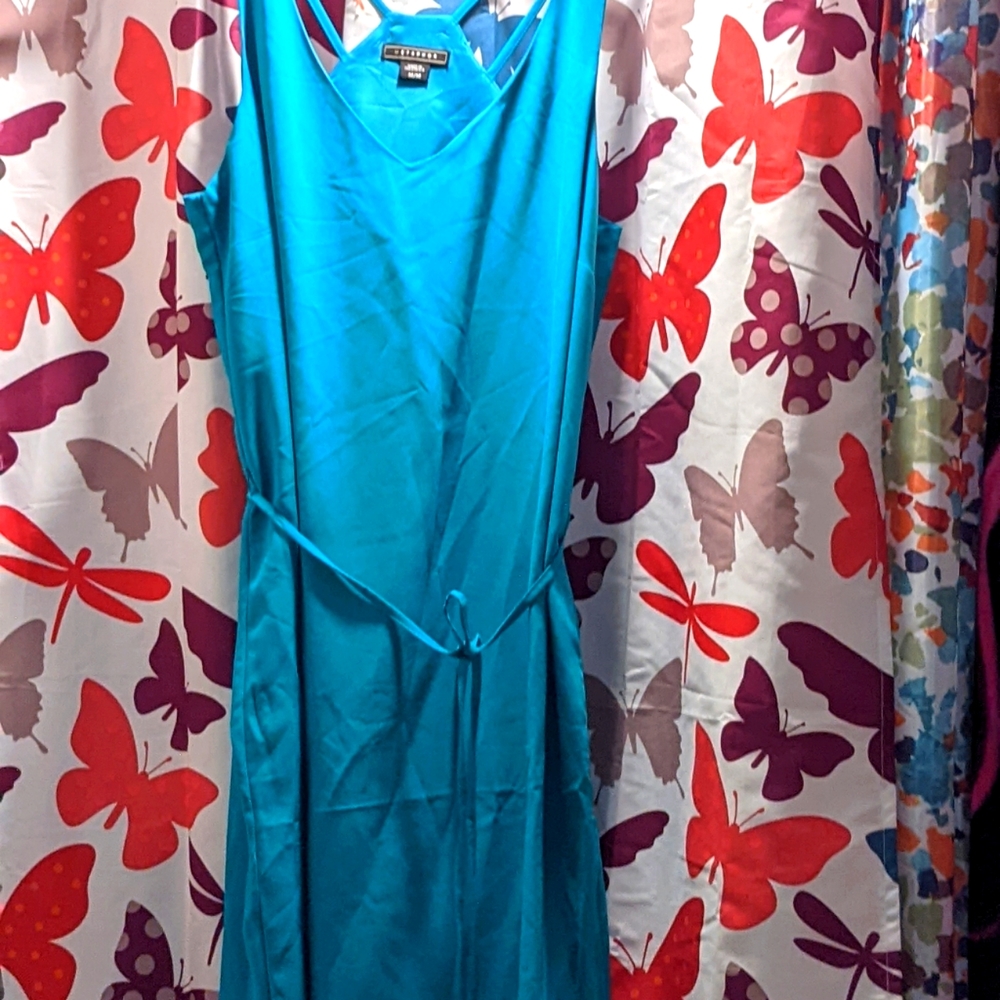 Strappy sleeveless teal dress with tie, medium